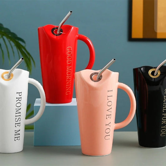 Ceramic Drinking Mug with Straw Hole & Handle, Heart Shape Opening, and Stainless Steel Straw 450ML