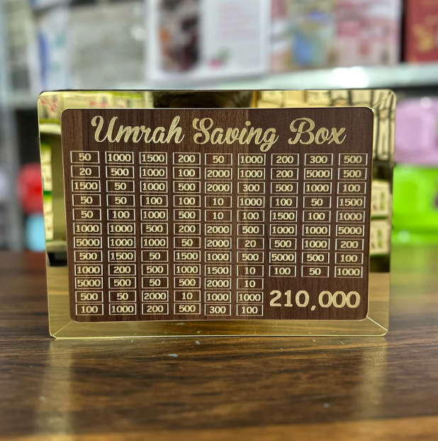 Golden Acrylic Umrah Saving Box | Wooden Islamic Money Bank