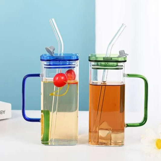 Squre Green Tea Glass Mug with Lid and Glass Straw 400 ML
