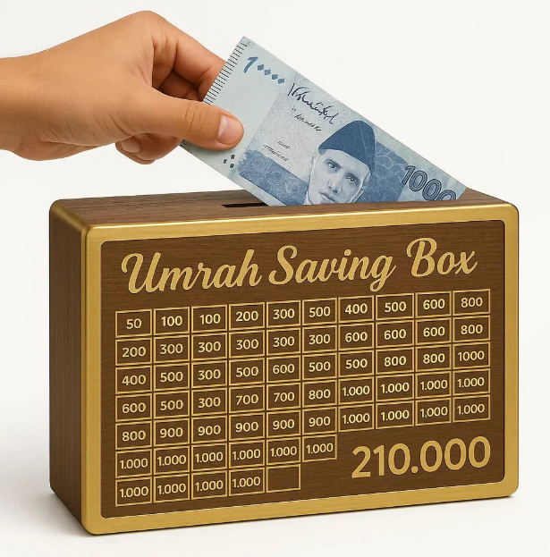 Golden Acrylic Umrah Saving Box | Wooden Islamic Money Bank