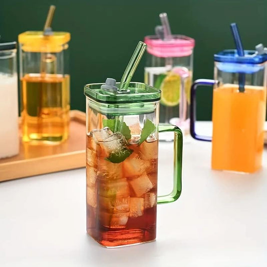 Squre Green Tea Glass Mug with Lid and Glass Straw 400 ML