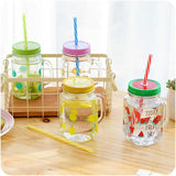 Fruity Glass Mason Jar Mugs with Lid and Straw For Milk, Milkshakes Juices 480 ml