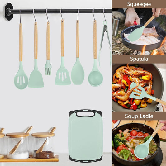 19 Piece Silicone Kitchenware Utensil Set Silicone Kitchen Utensils Set Heat Resistant Non-Stick Cooking Tool with Wooden Handles Silicone Cookware Set BPA Free,19pcs