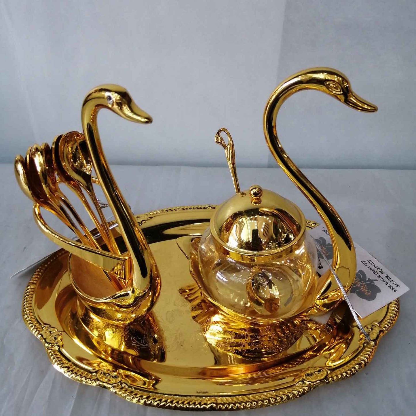 Royal Golden Stainless Steel Swan Spoon holder and sugar pot with tray