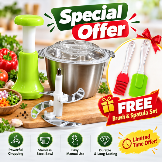 Manual Stainless Steel Bowl Hand Push Chopper with 4 Curved Stainless Steel Blades For Vegetables & Meat