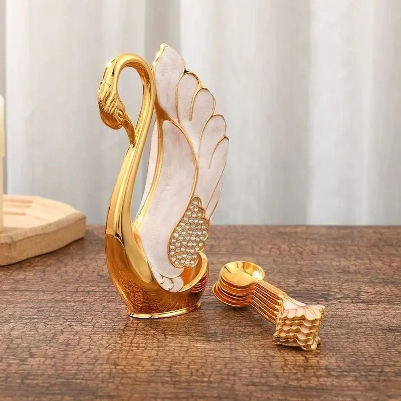Metal Swan Base Holder with 6pcs Coffee Dessert Tea Spoon Set
