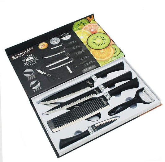 Hot sale Professional 6pcs kitchen knife set stainless steel black coating blade