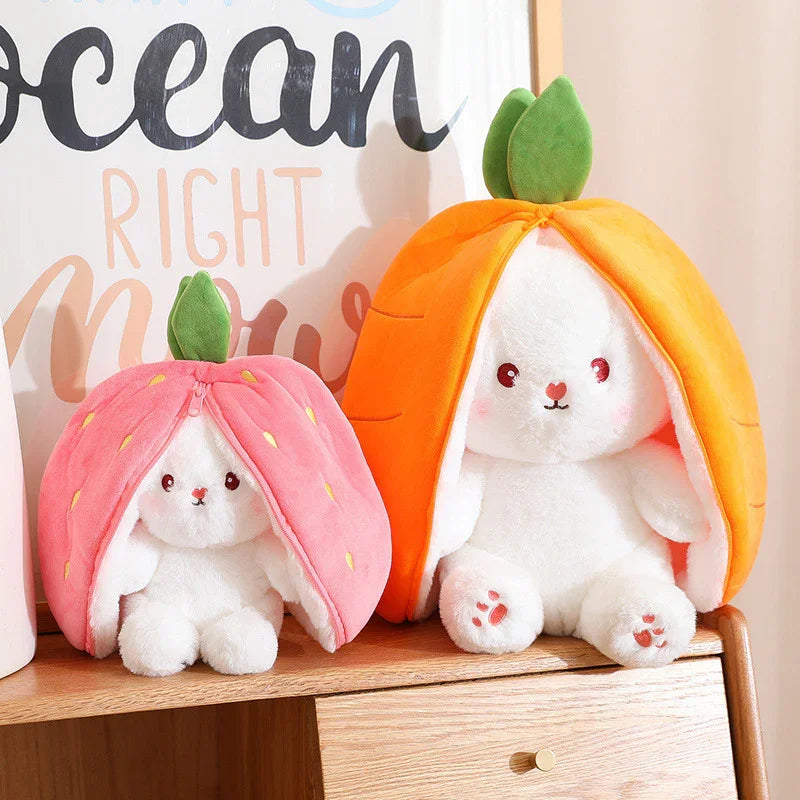Reversible Carrot Strawberry Bunny Plush Doll with Zipper Cute Soft Rabbit Toys Pillow for Kids Gifts