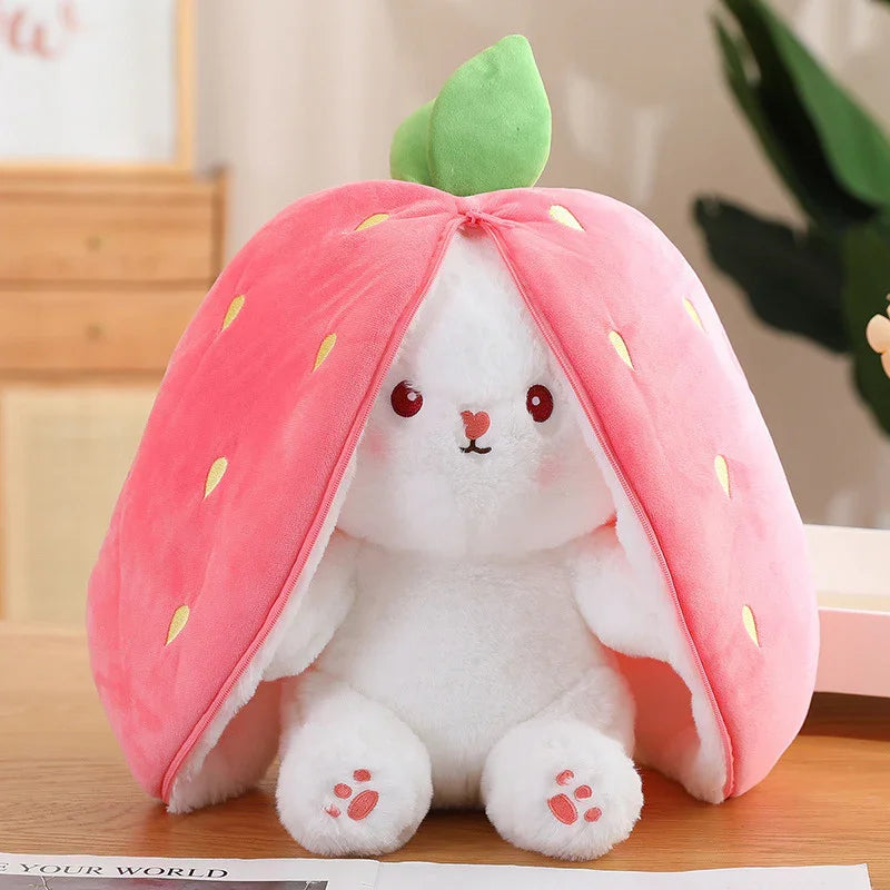 Reversible Carrot Strawberry Bunny Plush Doll with Zipper Cute Soft Rabbit Toys Pillow for Kids Gifts