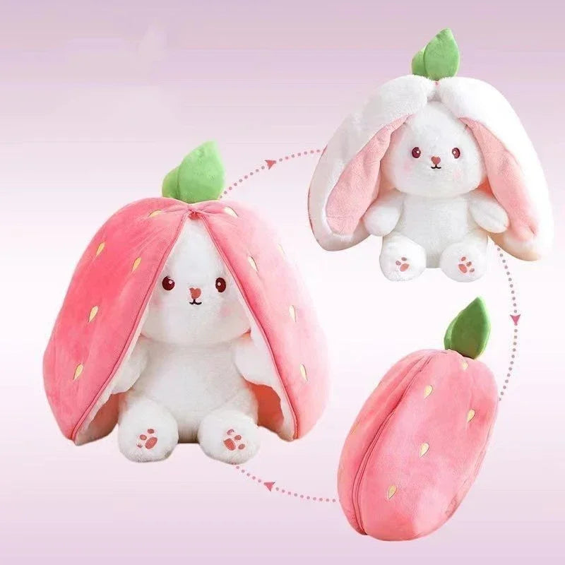 Reversible Carrot Strawberry Bunny Plush Doll with Zipper Cute Soft Rabbit Toys Pillow for Kids Gifts