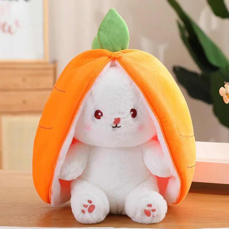Reversible Carrot Strawberry Bunny Plush Doll with Zipper Cute Soft Rabbit Toys Pillow for Kids Gifts