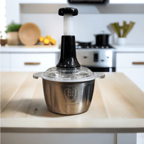 Multifunctional Manual Stainless Steel Bowl Hand Push Chopper with 4 Curved Stainless Steel Blades For Vegetables & Meat 2L