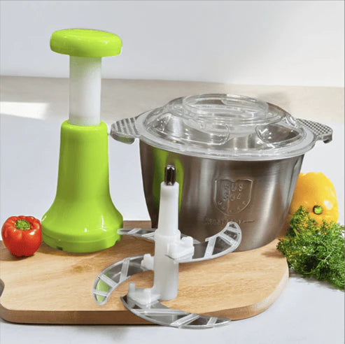 Multifunctional Manual Stainless Steel Bowl Hand Push Chopper with 4 Curved Stainless Steel Blades For Vegetables & Meat 2L