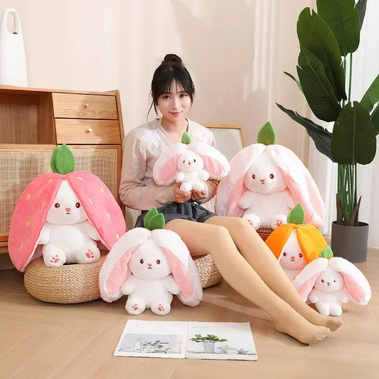 Reversible Carrot Strawberry Bunny Plush Doll with Zipper Cute Soft Rabbit Toys Pillow for Kids Gifts