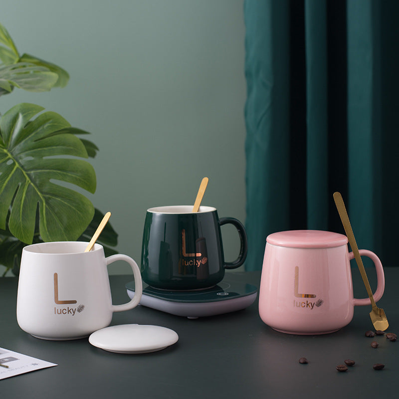 USB Electric Coffee Mug-Warmer with Ceramic Mug, Cover, Spoon
