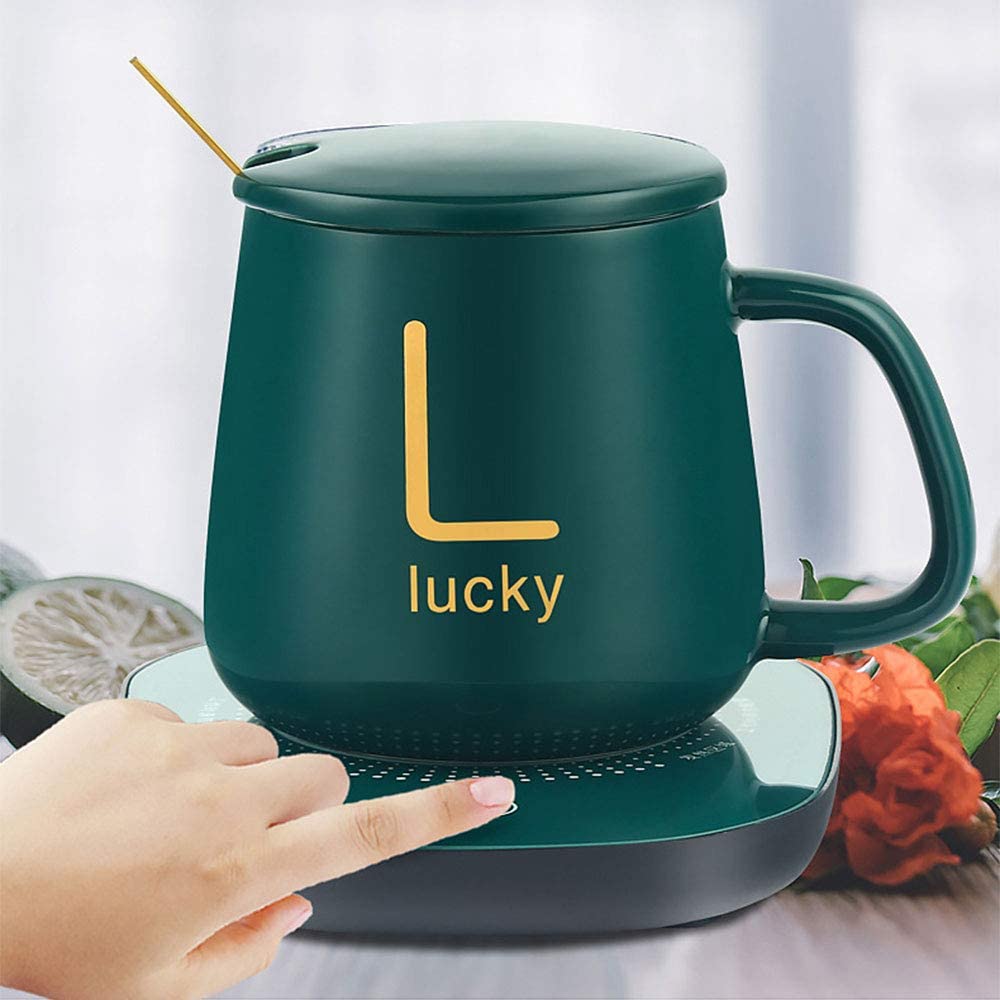 USB Electric Coffee Mug-Warmer with Ceramic Mug, Cover, Spoon