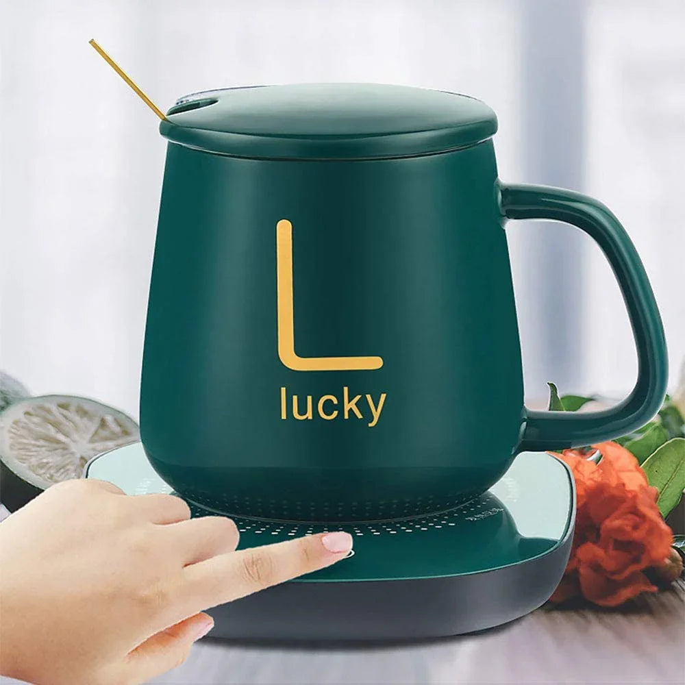 USB Electric Coffee Mug-Warmer with Ceramic Mug, Cover, Spoon