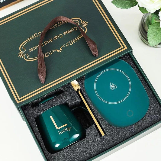 Portable Electric Coffee Mug-Warmer with Ceramic Mug, Cover, Spoon