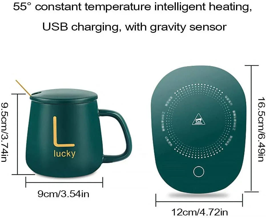 USB Electric Coffee Mug-Warmer with Ceramic Mug, Cover, Spoon