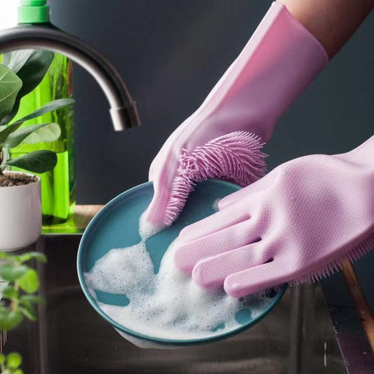 Magic Silicon Dish washing Gloves with Brush Sponge Wash Scrubber