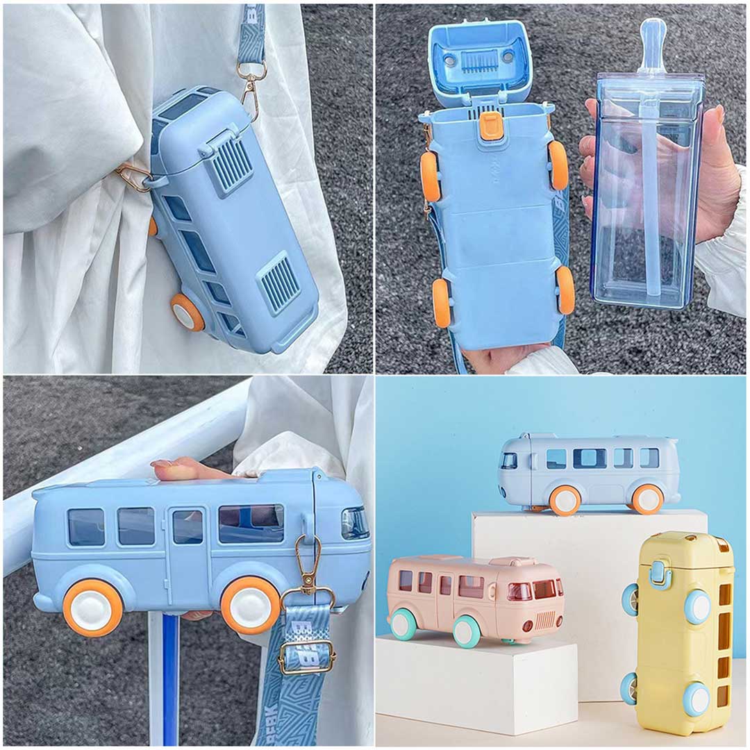 500ml Bus-Shaped Water Bottle with straw for Kids & Outdoor Sports