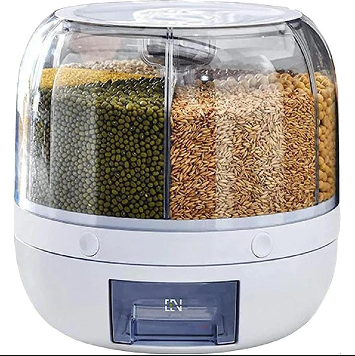 6 Grid Round Rotating Grain&Rice Storage Box - 360° Rotating Multi-Section Food Dispenser