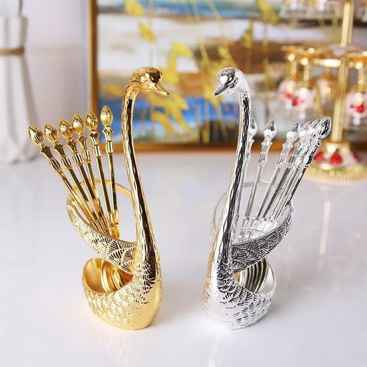 Stainless Steel Swan Shaped Tea Spoon Holder with 6 Spoons