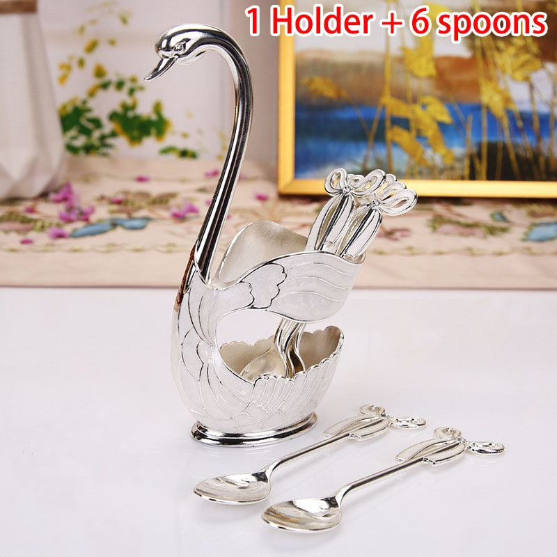 Coffee Tea Stirring Spoons Dessert Swan Holder with 6 Tea spoons