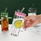 Squre Green Tea Glass Mug with Lid and Glass Straw 400 ML