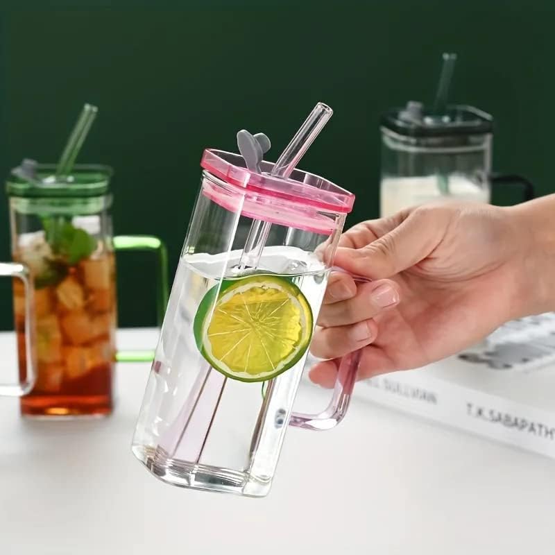 Squre Green Tea Glass Mug with Lid and Glass Straw 400 ML