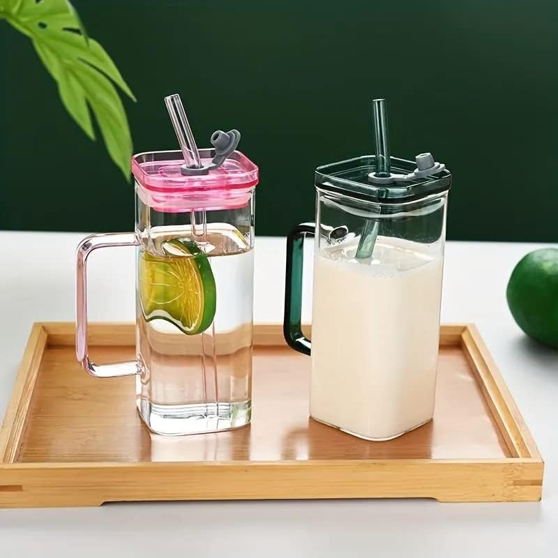 Squre Green Tea Glass Mug with Lid and Glass Straw 400 ML