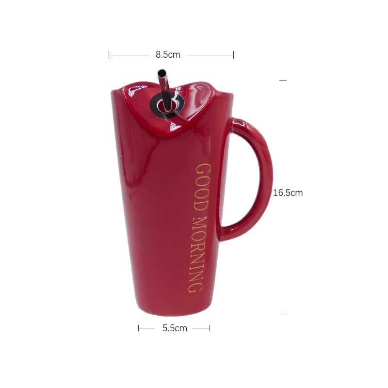 Ceramic Drinking Mug with Straw Hole & Handle, Heart Shape Opening, and Stainless Steel Straw 450ML