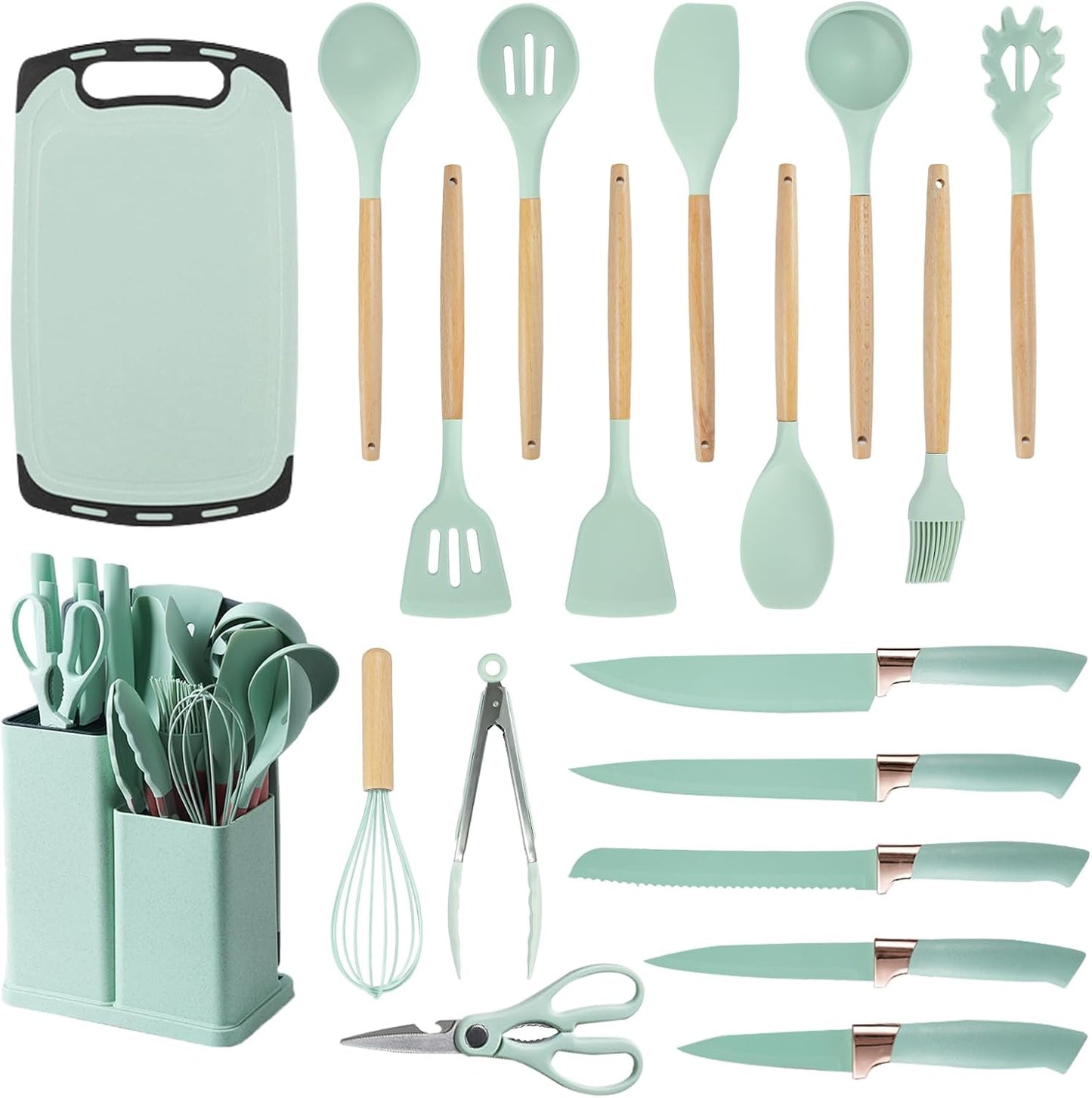 19 Piece Silicone Kitchenware Utensil Set Silicone Kitchen Utensils Set Heat Resistant Non-Stick Cooking Tool with Wooden Handles Silicone Cookware Set BPA Free,19pcs