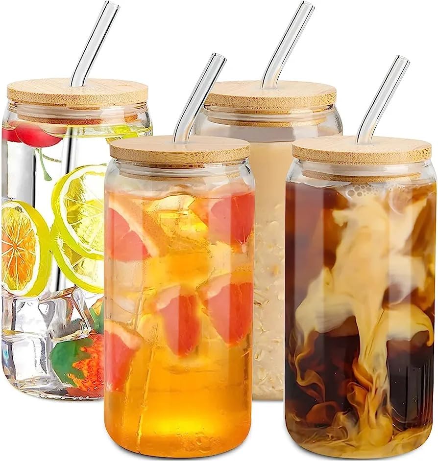 Drinking Glass with Bamboo Lids and Glass Straw - 540ml