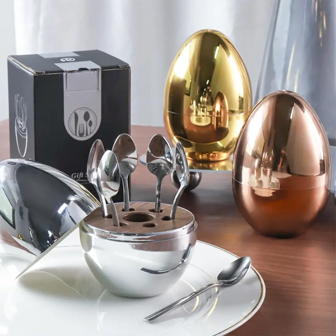Tea Spoon Rak Golden Egg Shape Stainless steel Tea Spoon Holder with 6 Tea Spoons ...