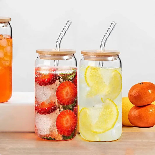 Drinking Glass with Bamboo Lids and Glass Straw - 540ml