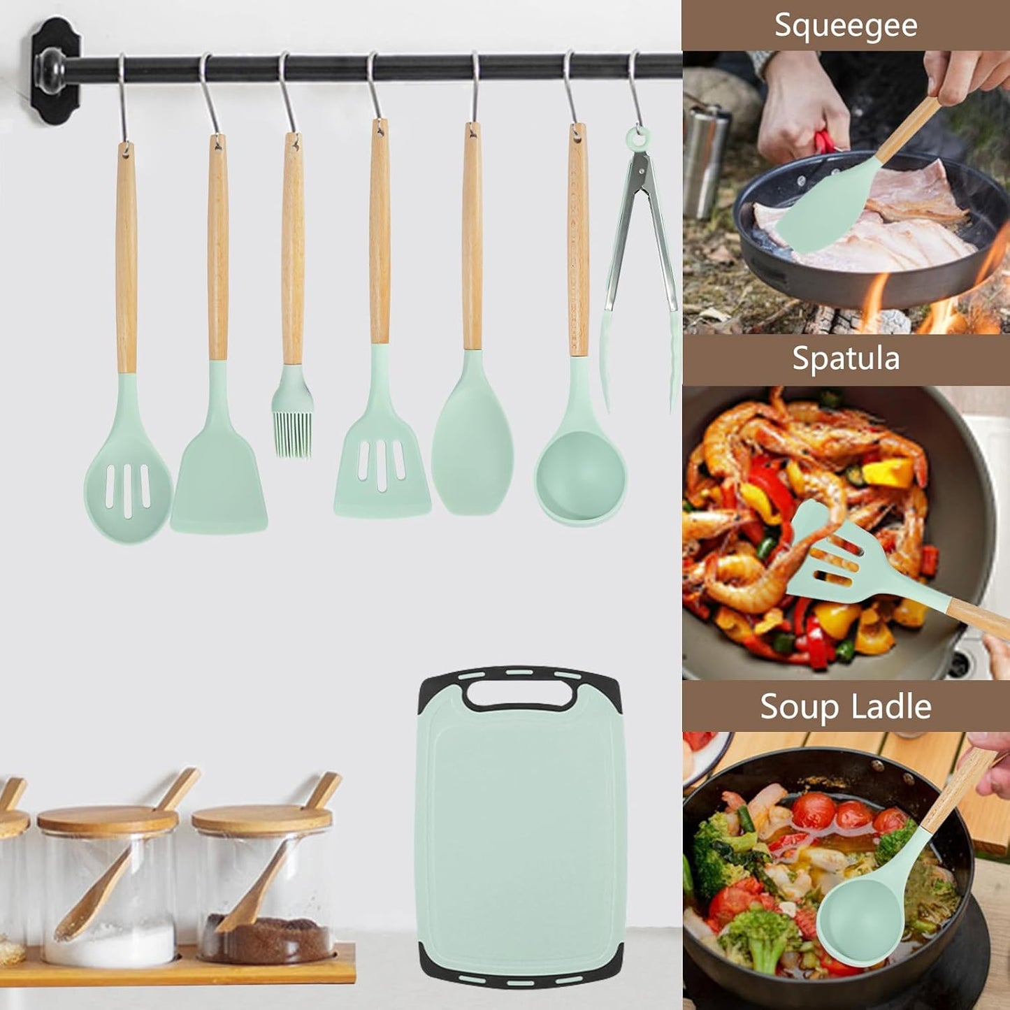 19 Piece Silicone Kitchenware Utensil Set Silicone Kitchen Utensils Set Heat Resistant Non-Stick Cooking Tool with Wooden Handles Silicone Cookware Set BPA Free,19pcs