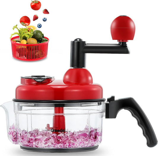 4 in 1 Hand Food Chopper, Quick Manual Vegetable Processor, Rotary Dicer Mincer Mixer Blender for Onion, Garlic, Salad, Meat, Chicken, etc
