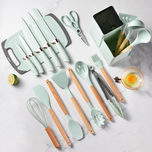 19 Piece Silicone Kitchenware Utensil Set Silicone Kitchen Utensils Set Heat Resistant Non-Stick Cooking Tool with Wooden Handles Silicone Cookware Set BPA Free,19pcs