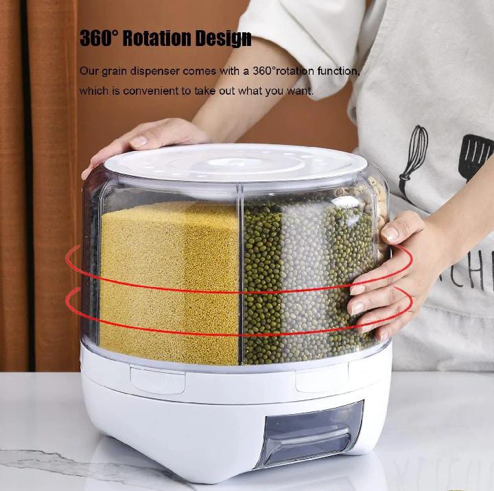 6 Grid Round Rotating Grain&Rice Storage Box - 360° Rotating Multi-Section Food Dispenser