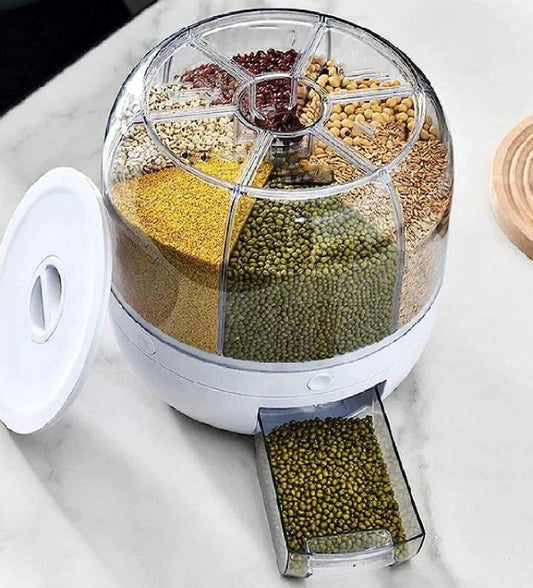 6 Grid Round Rotating Grain&Rice Storage Box - 360° Rotating Multi-Section Food Dispenser