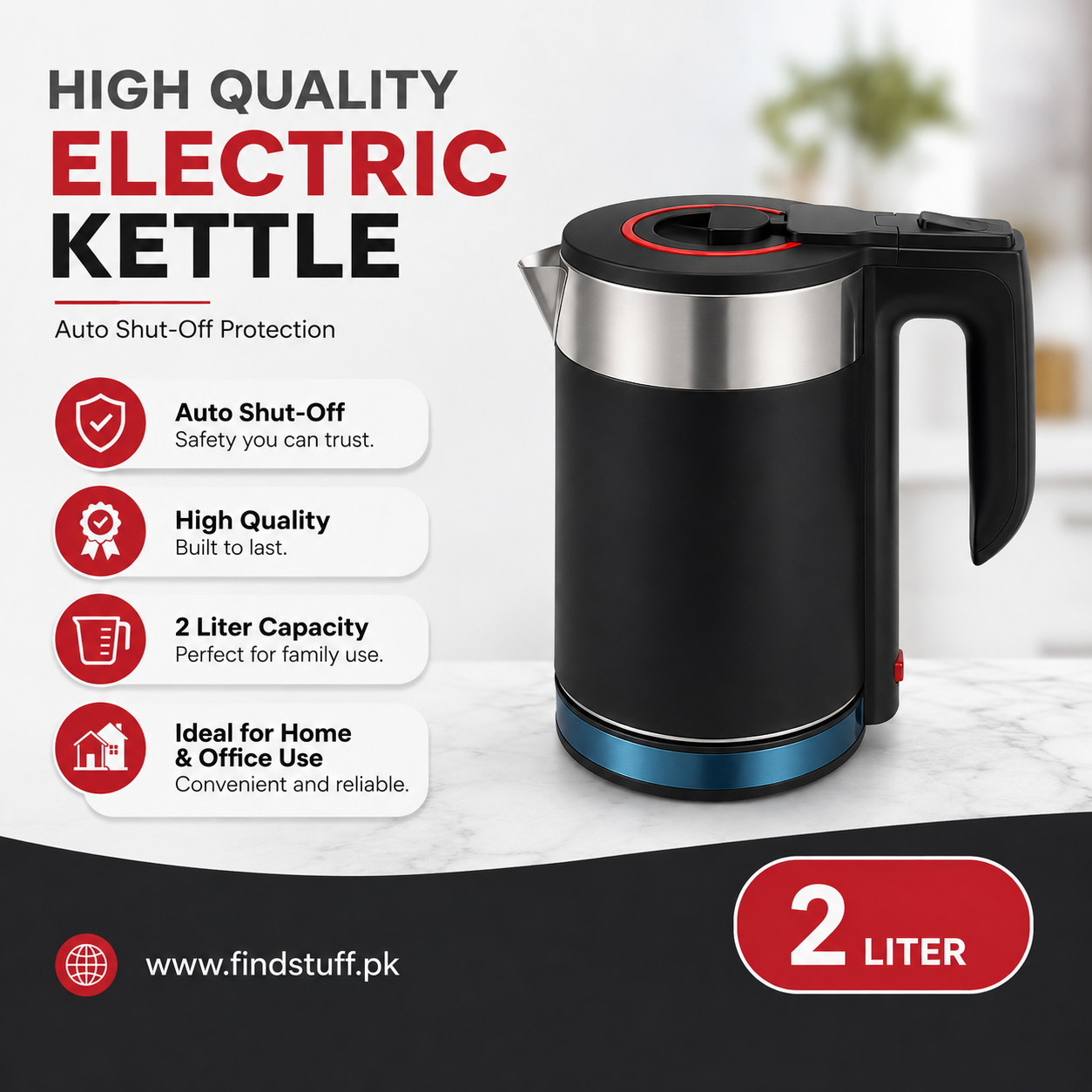 Electric Kettle 2 L | Stainless Steel & Plastic | Fast Boil | Auto Shut-Off | Home & Office Use