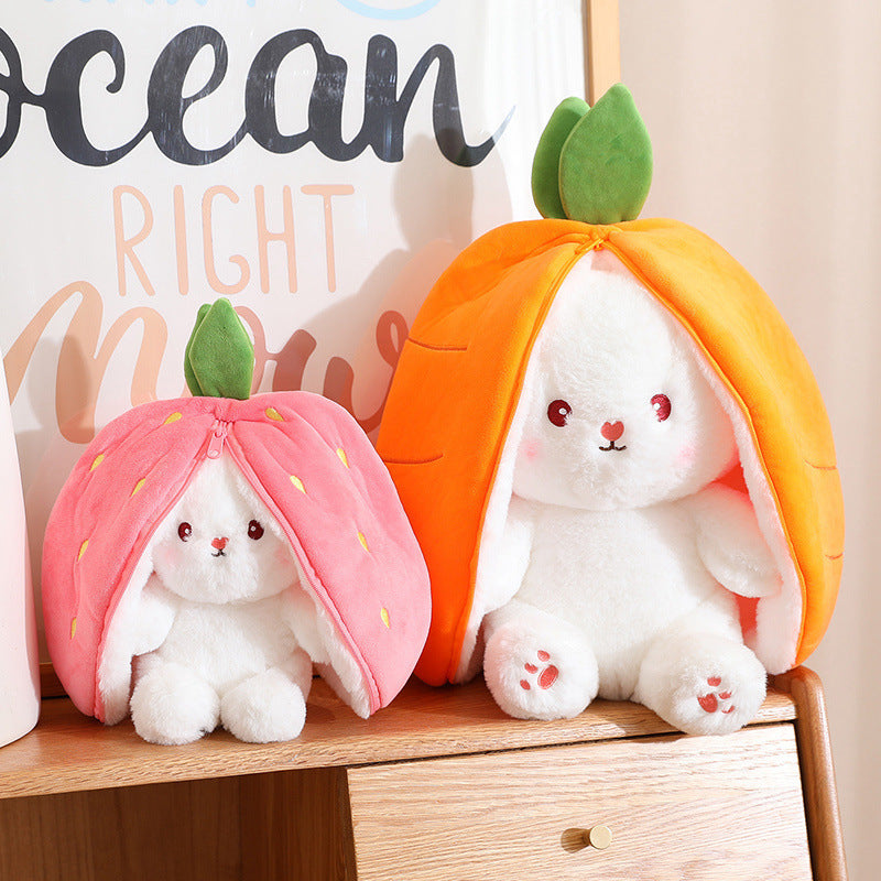 Reversible Carrot Strawberry Bunny Plush Doll with Zipper Cute Soft Rabbit Toys Pillow  for Kids Gifts