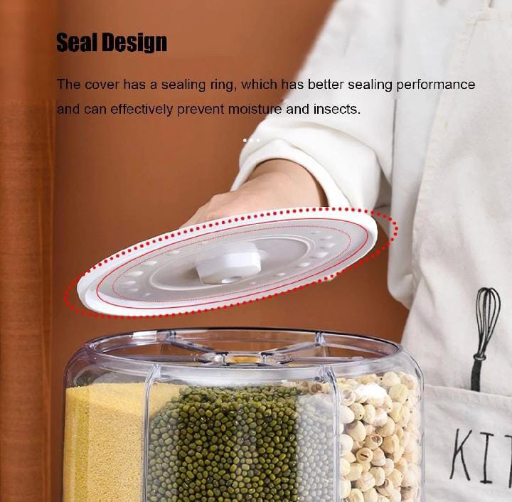 6 Grid Round Rotating Grain&Rice Storage Box - 360° Rotating Multi-Section Food Dispenser