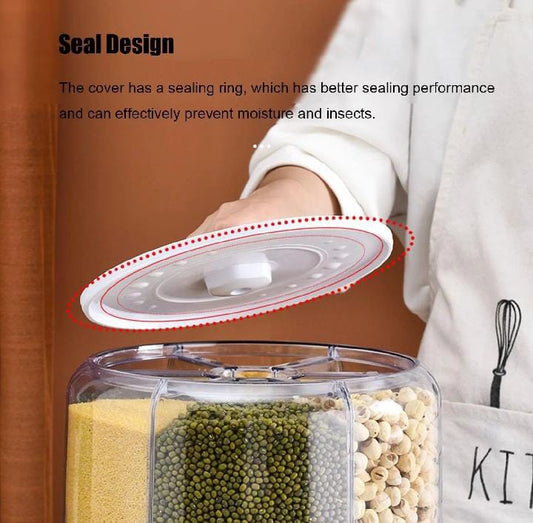 6 Grid Round Rotating Grain&Rice Storage Box - 360° Rotating Multi-Section Food Dispenser