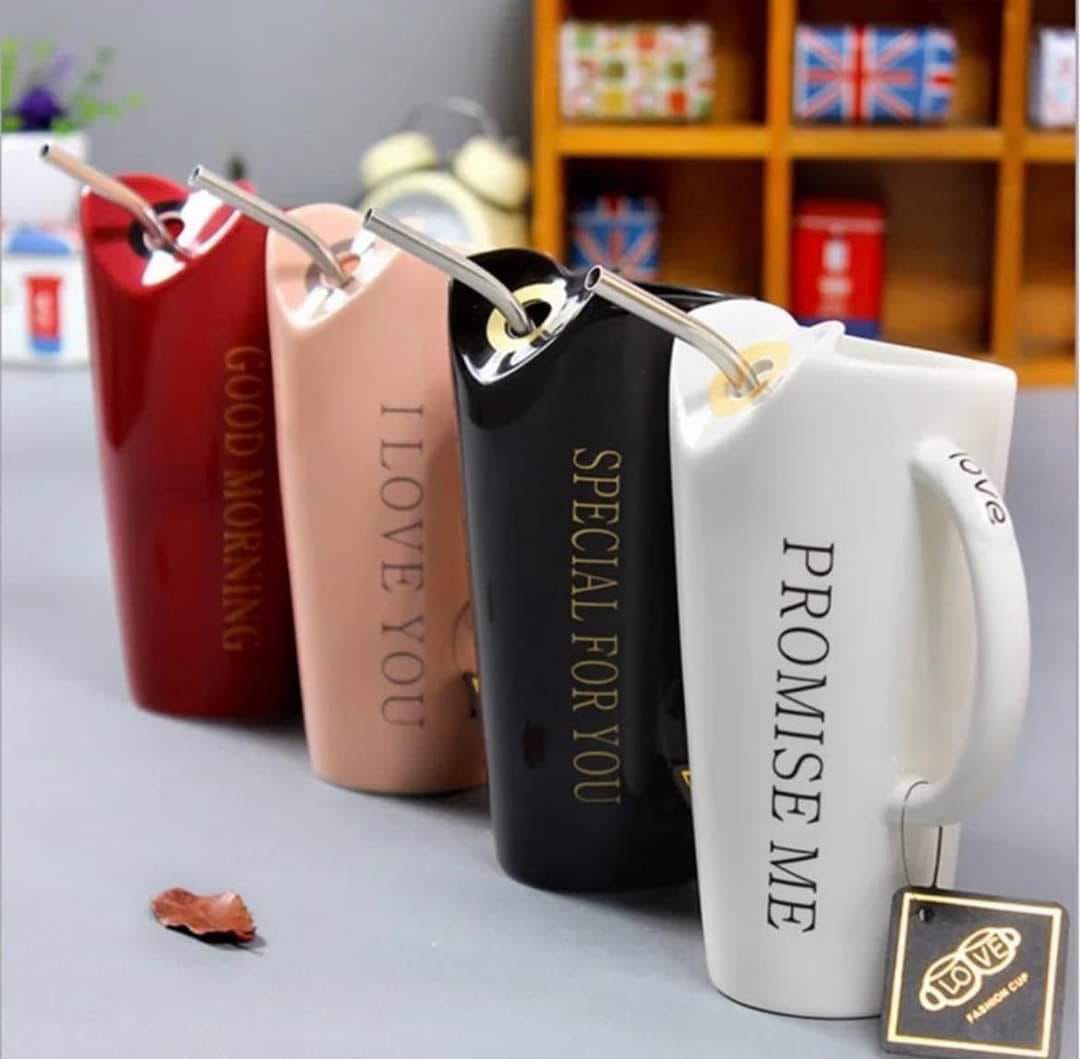 Ceramic Drinking Mug with Straw Hole & Handle, Heart Shape Opening, and Stainless Steel Straw 450ML